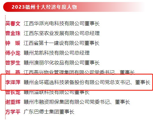 金環(huán)磁選黨總支書記、董事長李澤萍榮獲 “2023贛州經(jīng)濟(jì)年度人物”